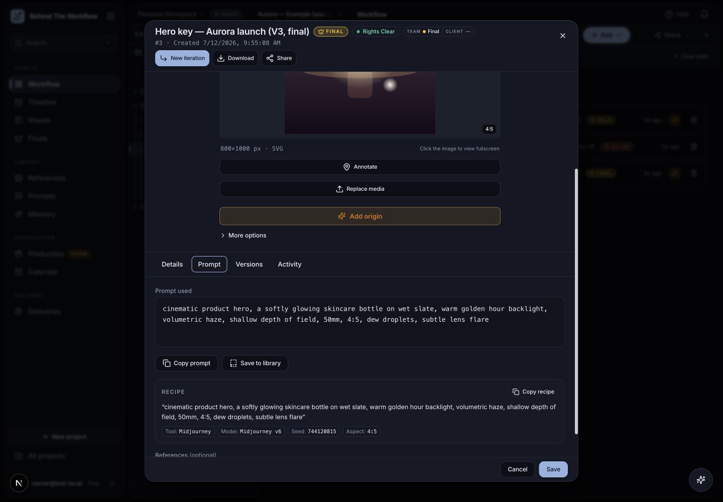A BTW asset detail view: the prompt that was used, with a recipe block naming tool Midjourney, model Midjourney v6, seed 744120815 and aspect ratio 4:5.