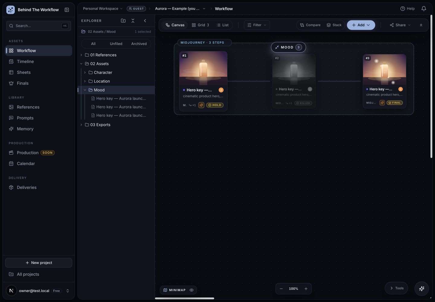 The BTW workflow canvas: three connected versions of one shot, marked hold, killed and final.